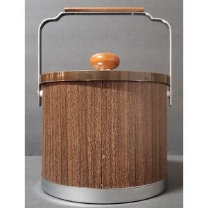 VTG ATAPCO Ice Bucket Barware MCM Retro Wood Handles & Chrome Accents Mad Men